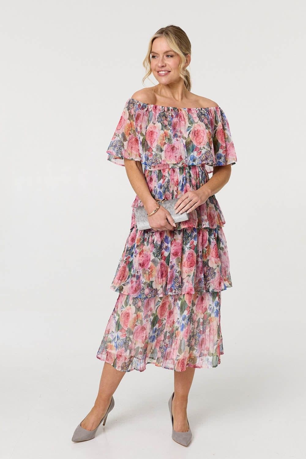 Izabel London Izabel London Women's Floral Layered Tiered Maxi Dress in Pink