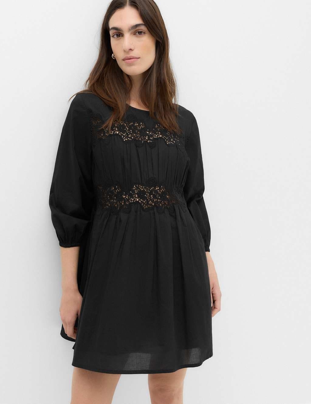 Marks & Spencer M&S Pure Cotton Lace Mini Waisted Dress Black