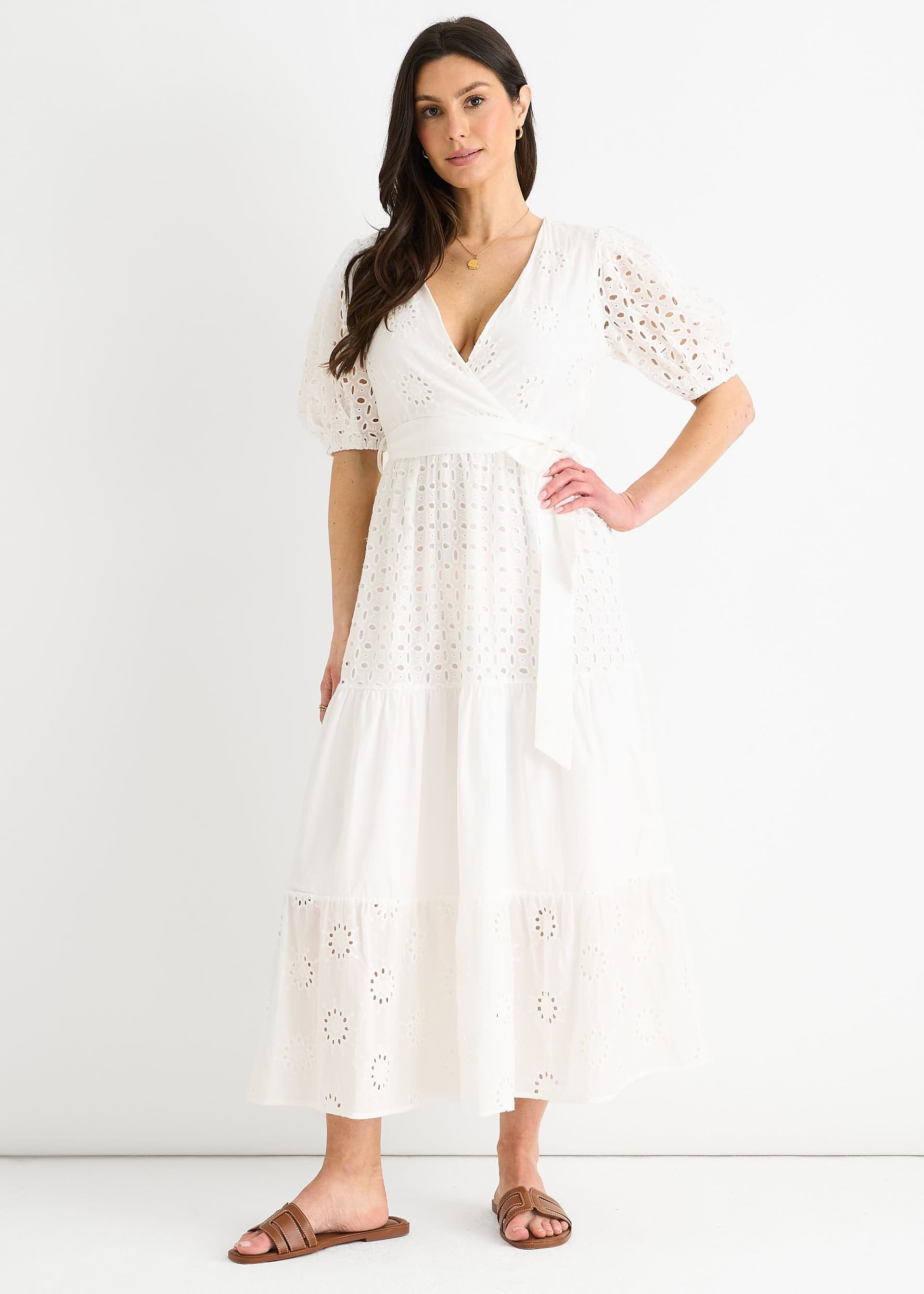 Gini London Gini London Women's White Wrap Broderie Cotton Belted Midi Dress