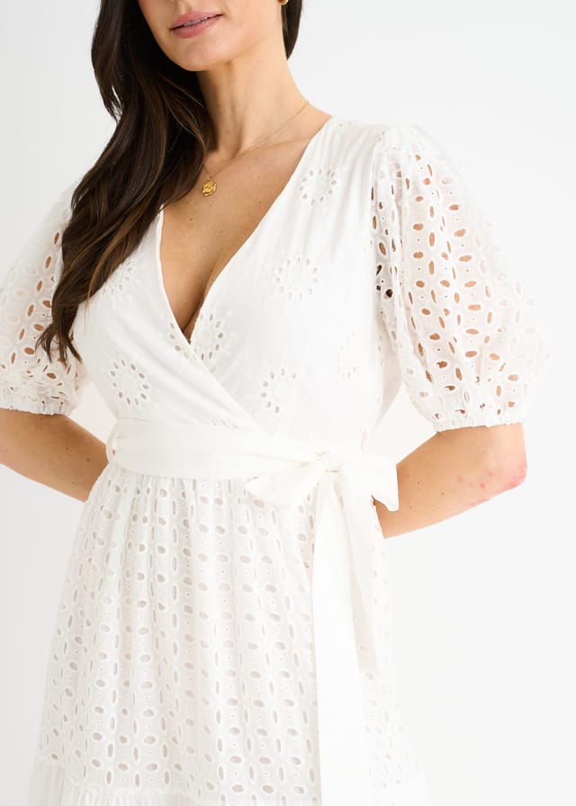 Gini London Gini London Women's White Wrap Broderie Cotton Belted Midi Dress - 2