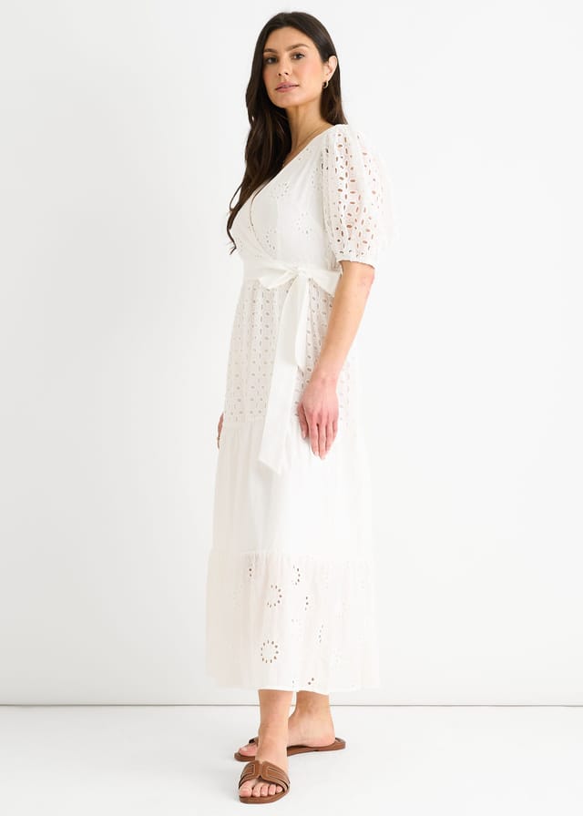 Gini London Gini London Women's White Wrap Broderie Cotton Belted Midi Dress - 3