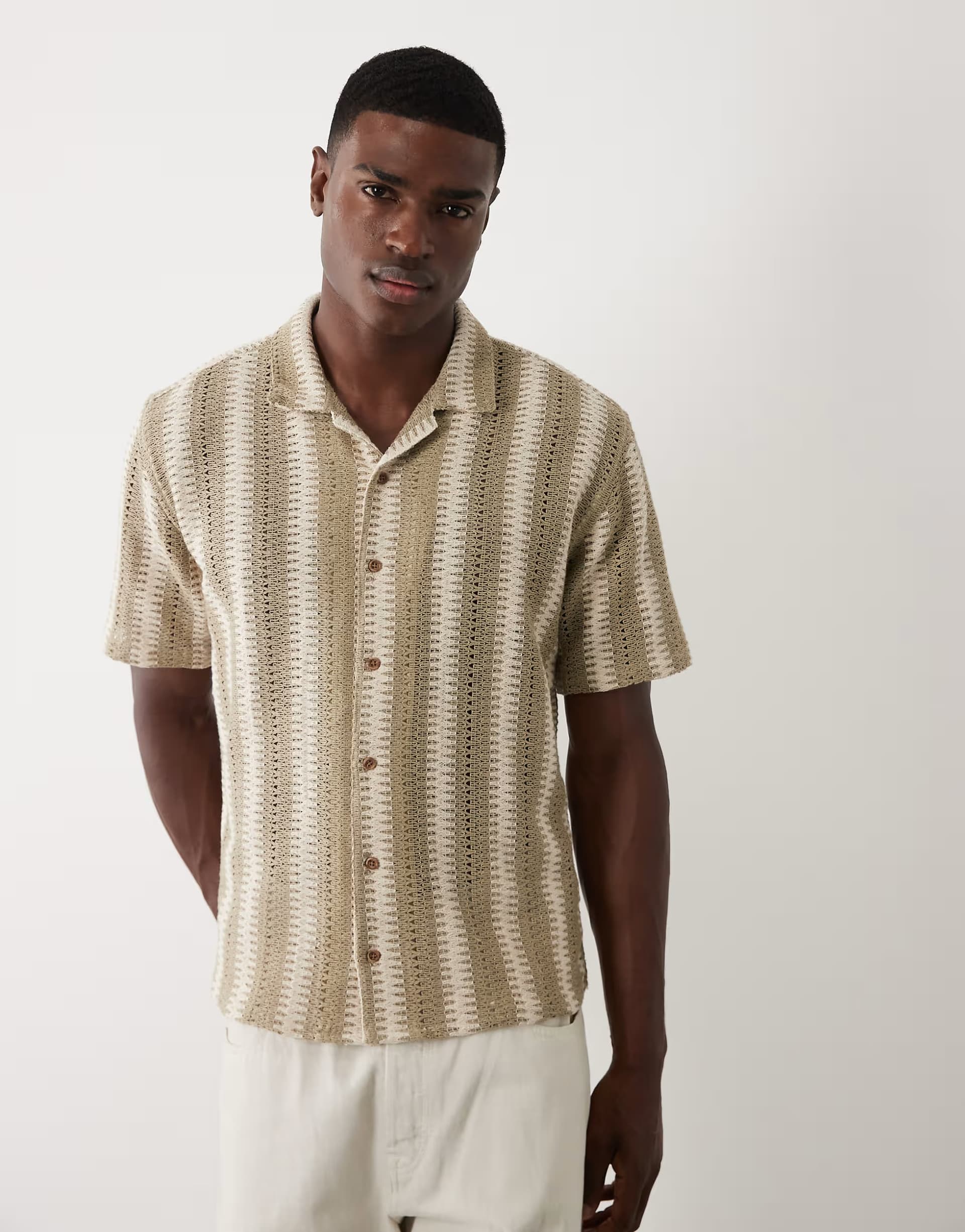 ASOS Threadbare cotton mix textured short sleeve shirt in stone and ecru stripe