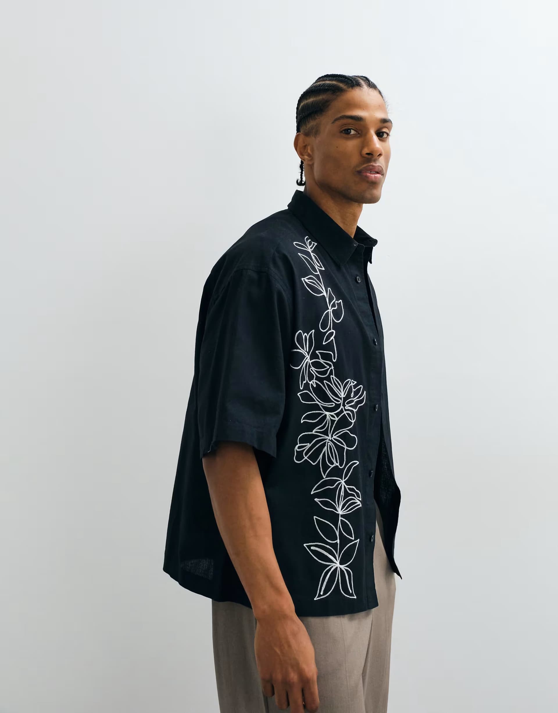 ASOS ASOS DESIGN boxy oversized shirt with linen and floral embroidery detail in black