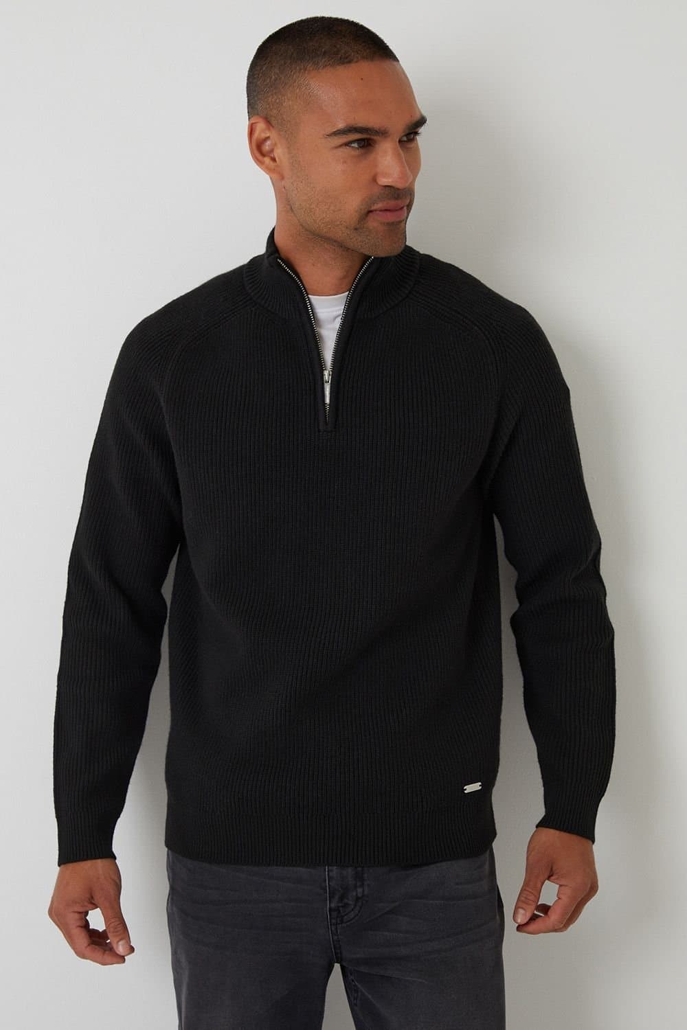 Threadbare Threadbare Men's Cotton Blend Rib Panel Quarter Zip Knitted Jumper in Black