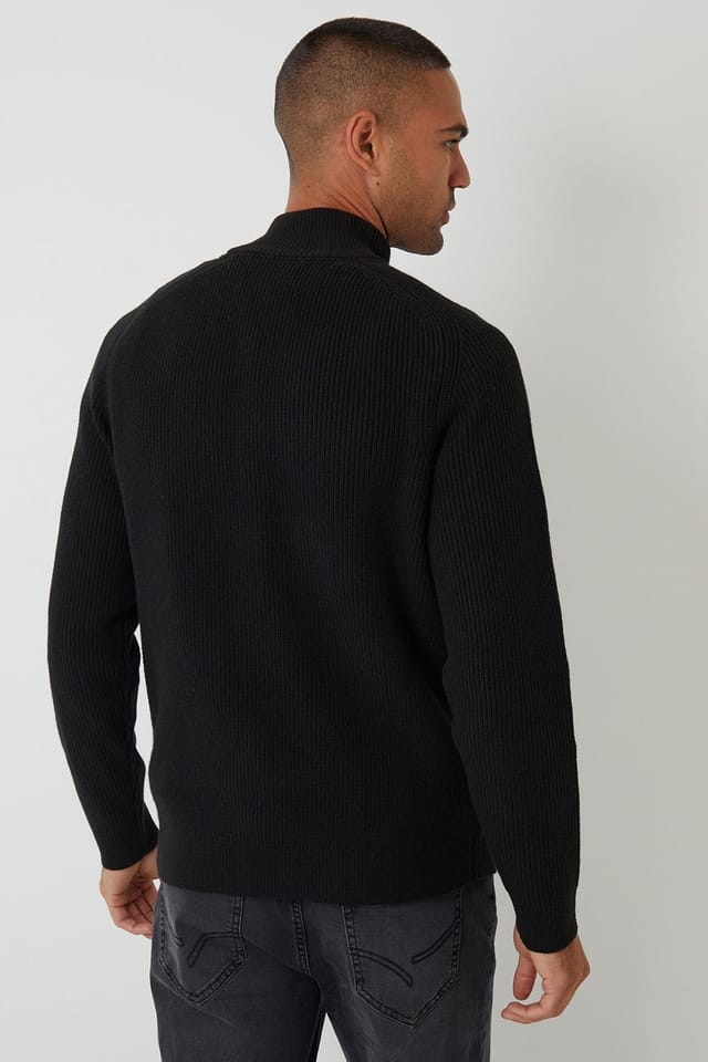 Threadbare Threadbare Men's Cotton Blend Rib Panel Quarter Zip Knitted Jumper in Black - 2