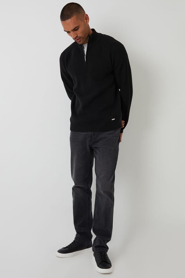 Threadbare Threadbare Men's Cotton Blend Rib Panel Quarter Zip Knitted Jumper in Black - 3