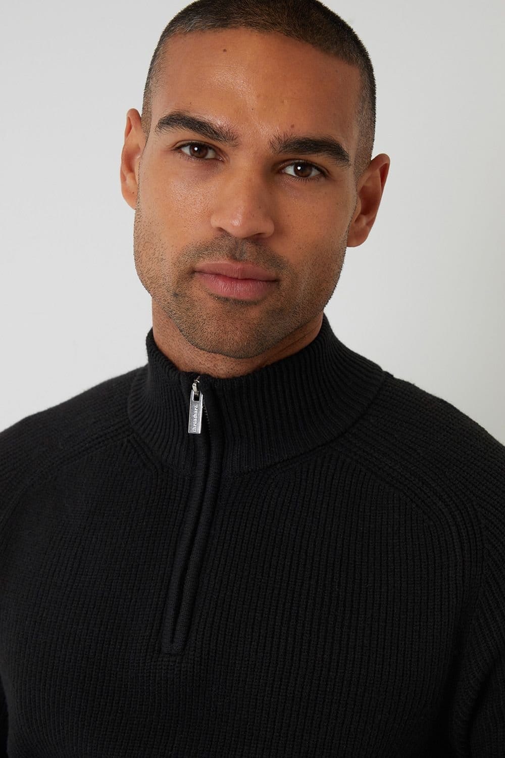 Threadbare Threadbare Men's Cotton Blend Rib Panel Quarter Zip Knitted Jumper in Black - 4