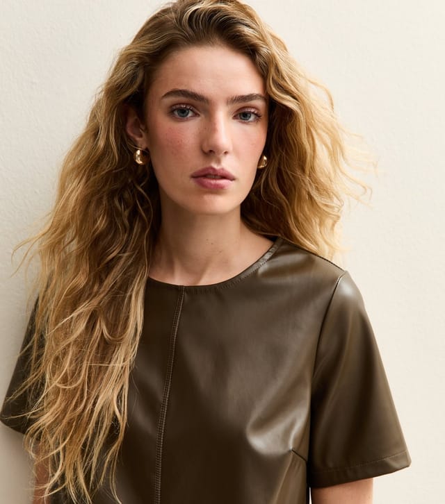 New Look Women's Khaki Faux Leather Short Sleeve Mini Dress New Look - 2