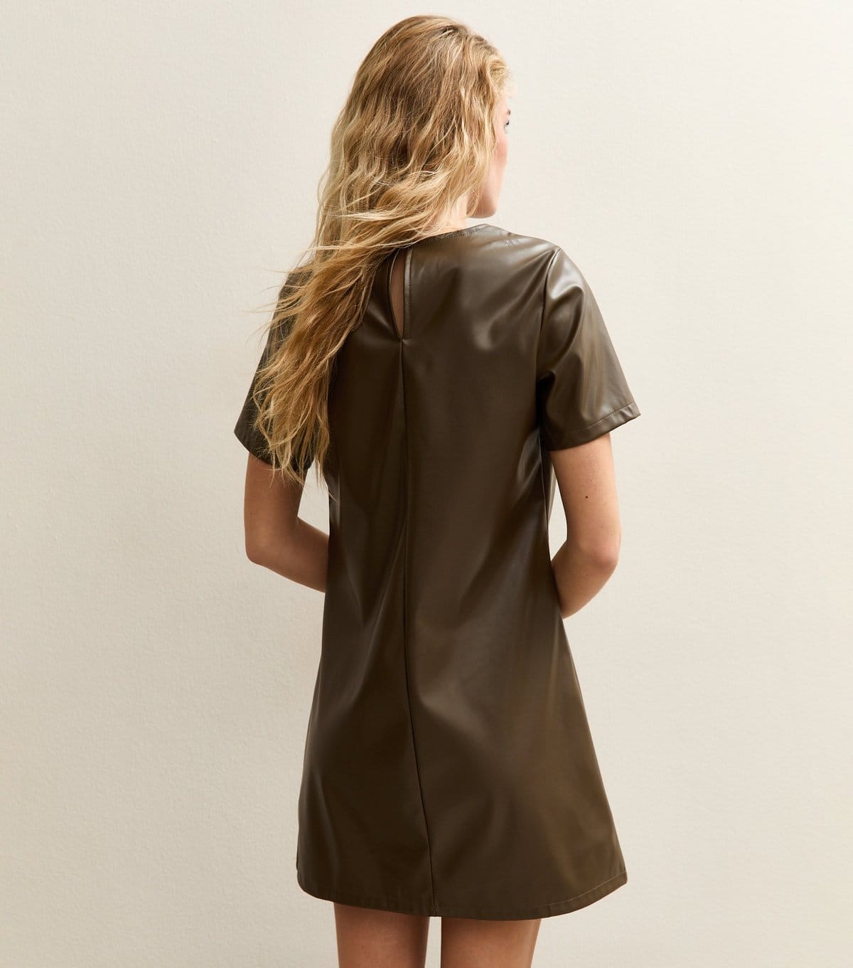New Look Women's Khaki Faux Leather Short Sleeve Mini Dress New Look - 4
