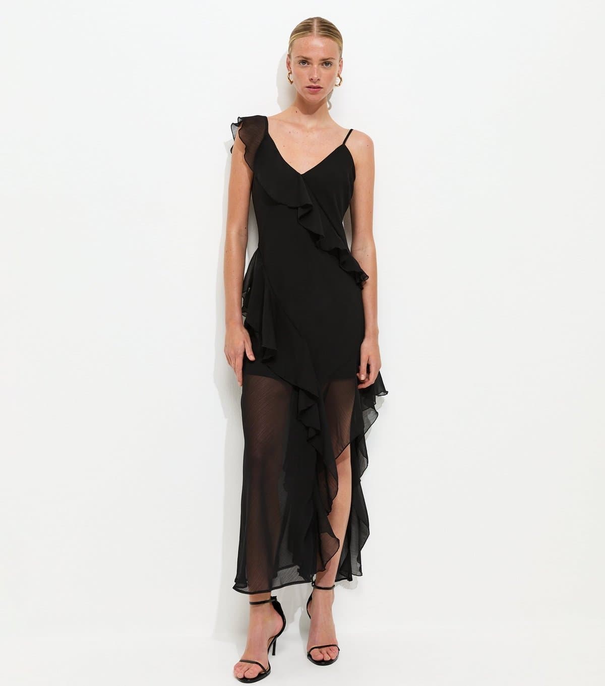 New Look Women's Black Chiffon Ruffle Trim Strappy Midi Dress New Look