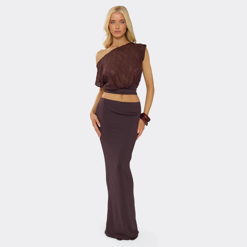 EGO Low Waist Maxi Skirt In Chocolate Brown Slinky, Women's Size UK 6 - 1