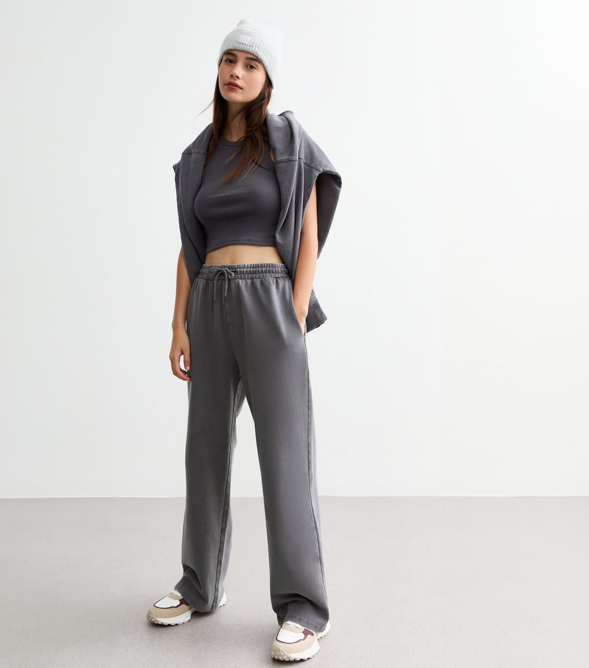 New Look New Look Dark Grey Acid Wash Wide Leg Joggers