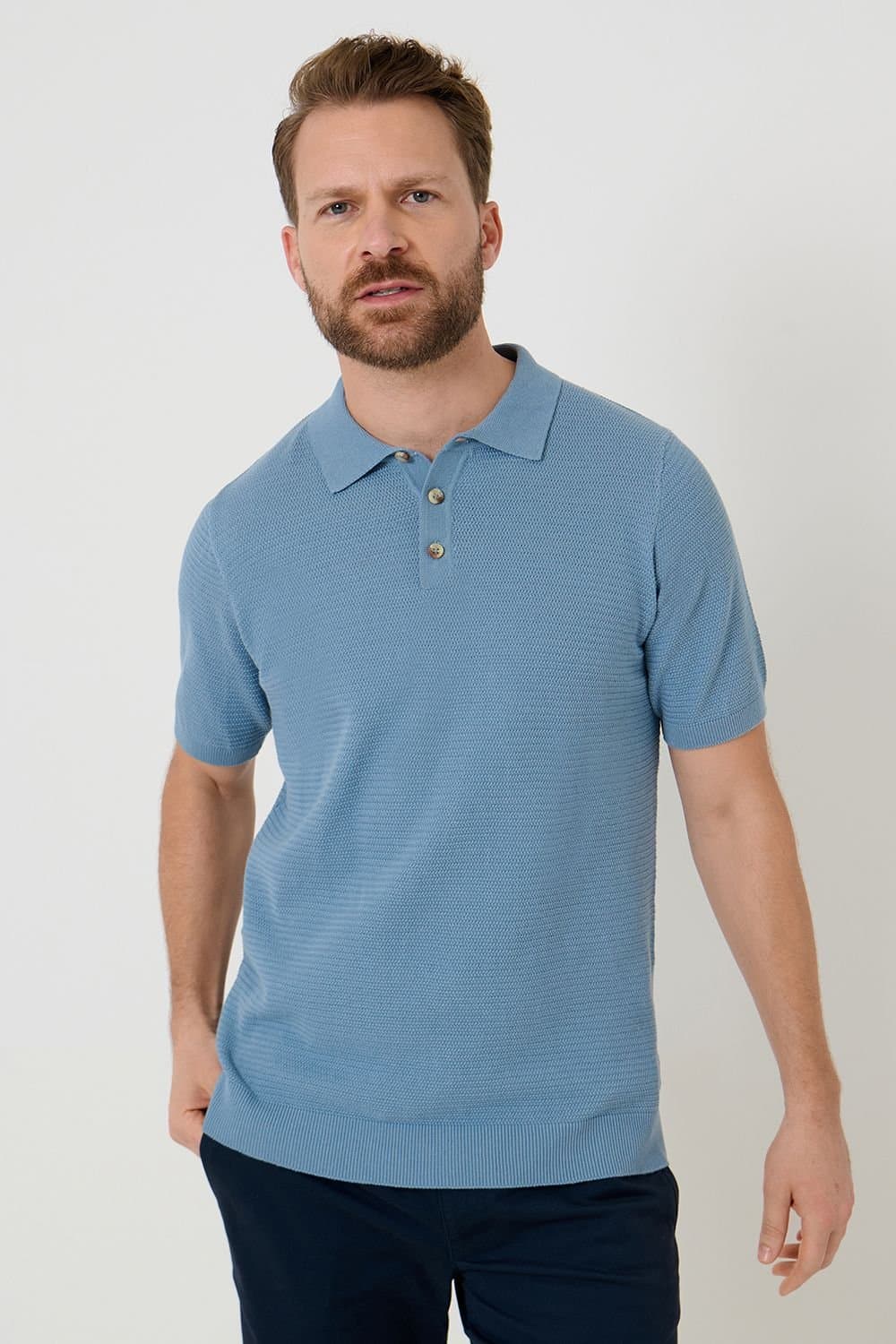 Saltwell Saltwell Light Blue Textured Knit Polo Shirt
