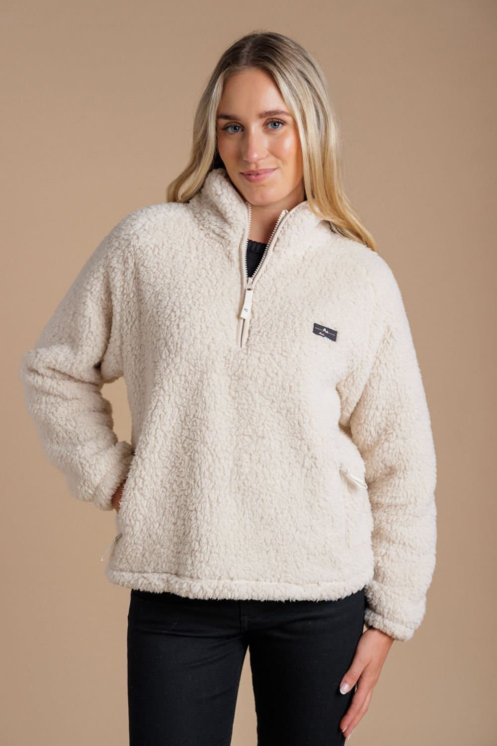 French Connection French Connection Women's Borg High Neck 1/2 Zip Fleece Pullover in Beige