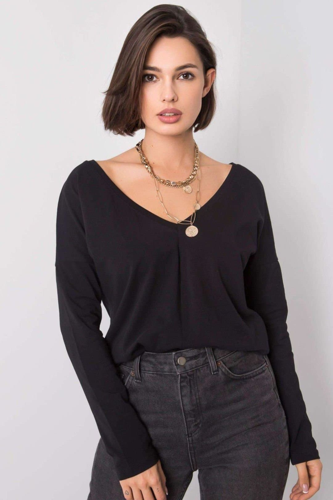 Love Lace Love Lace Black Cotton Long Sleeve V-Neck Blouse