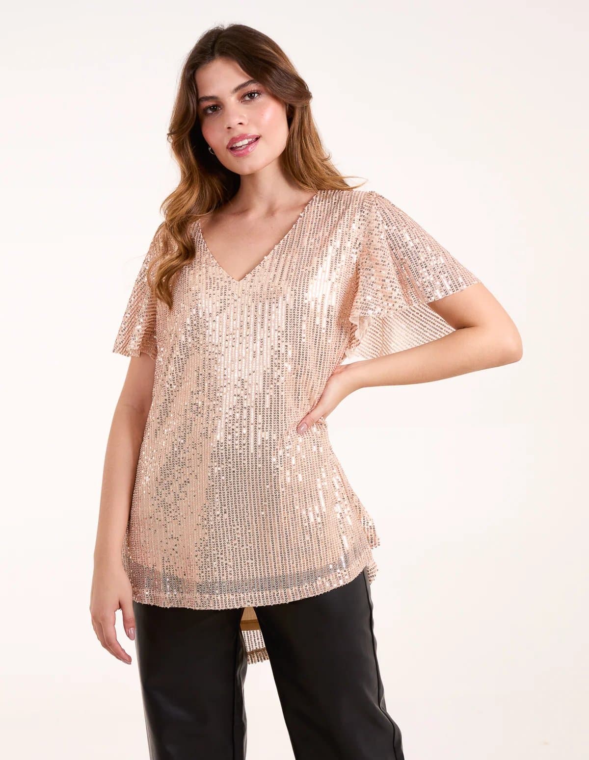 Blue Vanilla Angel Sleeve V Neck Sequin Top