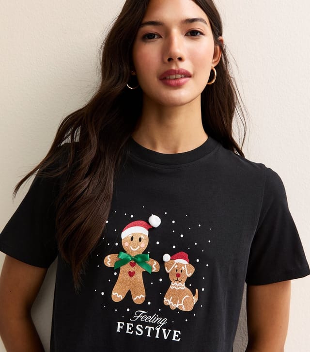 New Look Women's Black Christmas Feeling Festive Gingerbread Man Print T-Shirt New Look - 2