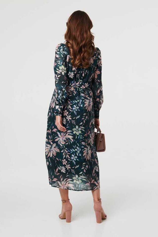 Izabel London Izabel London Women's Floral Lace Trim Belt Waist Maxi Dress in Green - 3