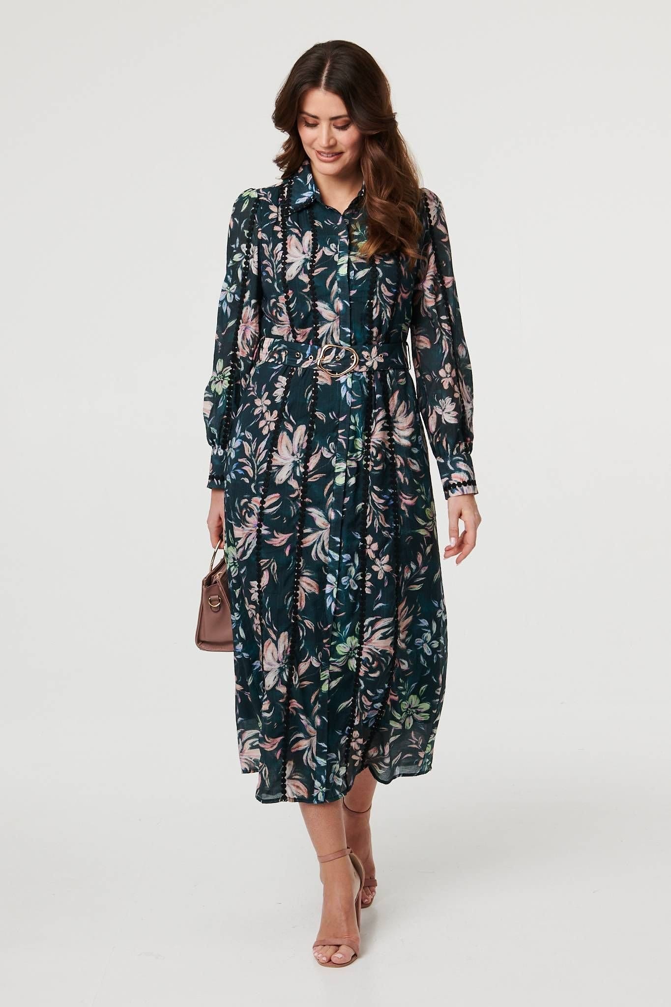 Izabel London Izabel London Women's Floral Lace Trim Belt Waist Maxi Dress in Green - 4