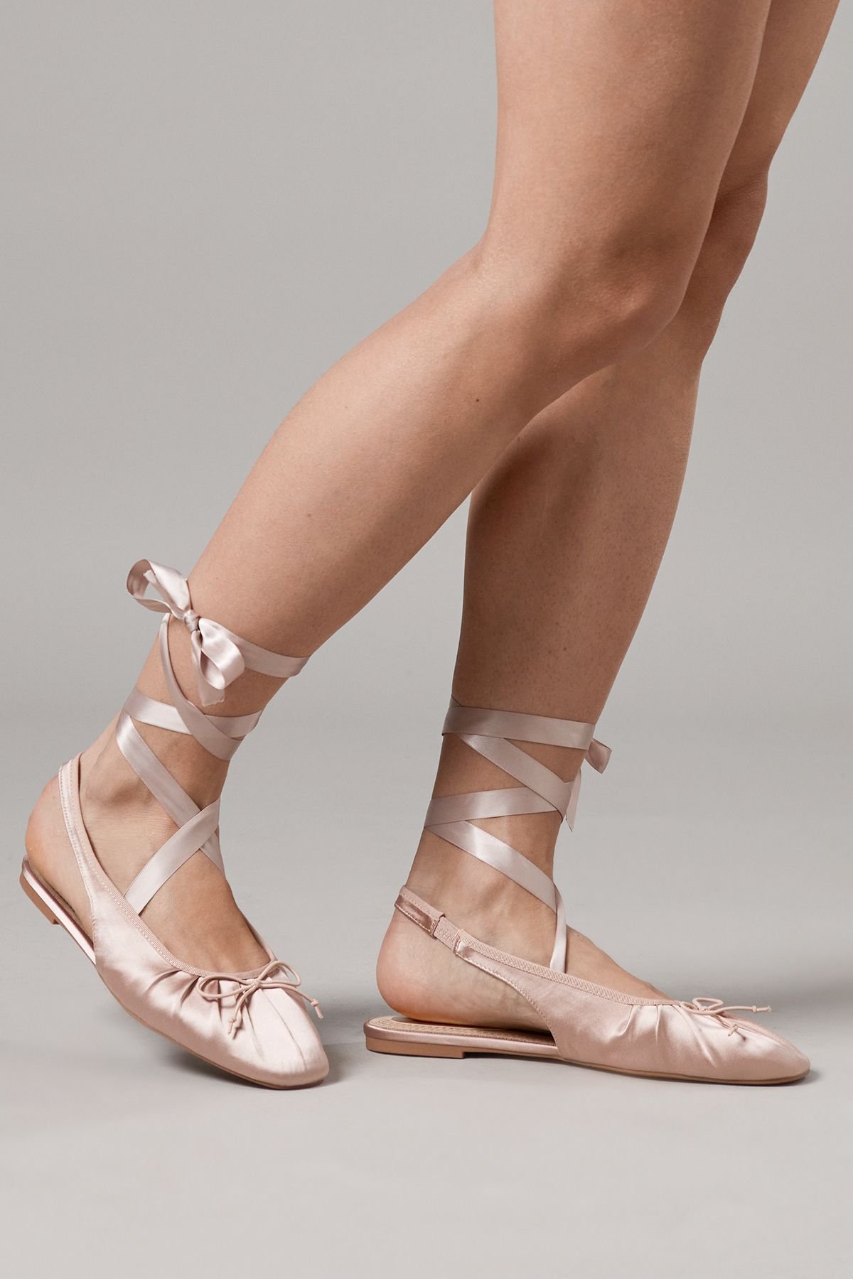 Faith Faith Women's : Lia Satin Slingback Ankle Tie Flat Ballet Pumps in Ballerina Pink - 3