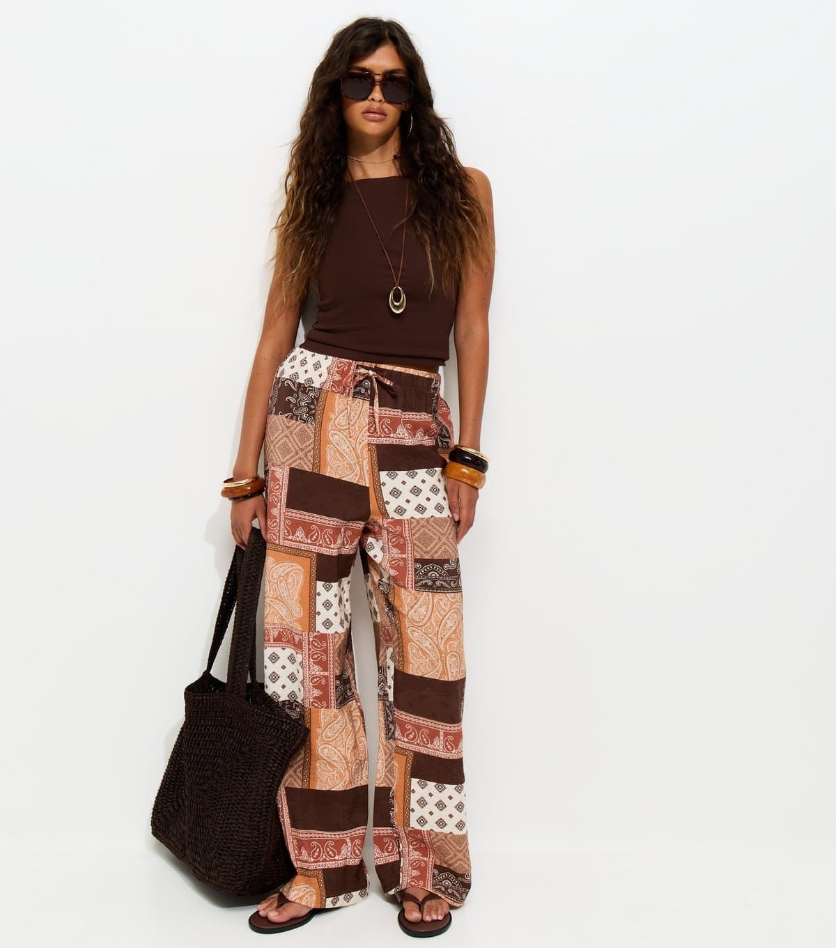 New Look Women's Brown Patchwork Wide Leg Trousers New Look
