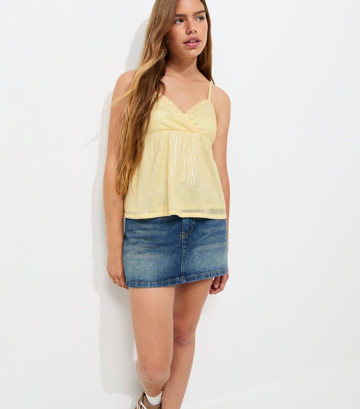 New Look Girls' Light Yellow Sequin Mesh Babydoll Cami Top New Look