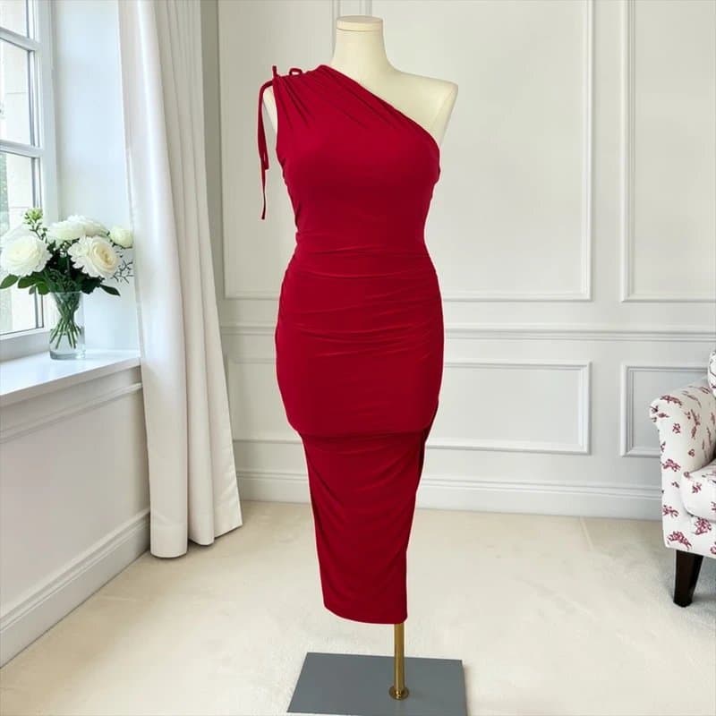 Kaiia UK 18 Kaiia Slinky Ruched One Shoulder Bodycon Midi Maxi Dress Red Stretch Occasional