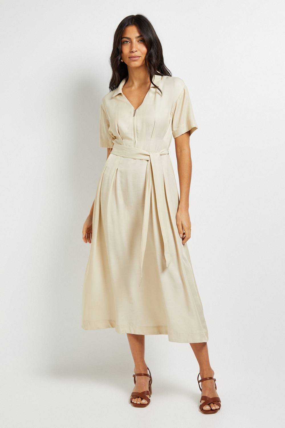 Wallis Wallis Women's Denim Look Zip Belted Midi Dress in Stone - 2