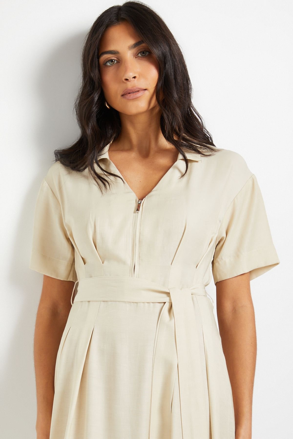 Wallis Wallis Women's Denim Look Zip Belted Midi Dress in Stone - 4