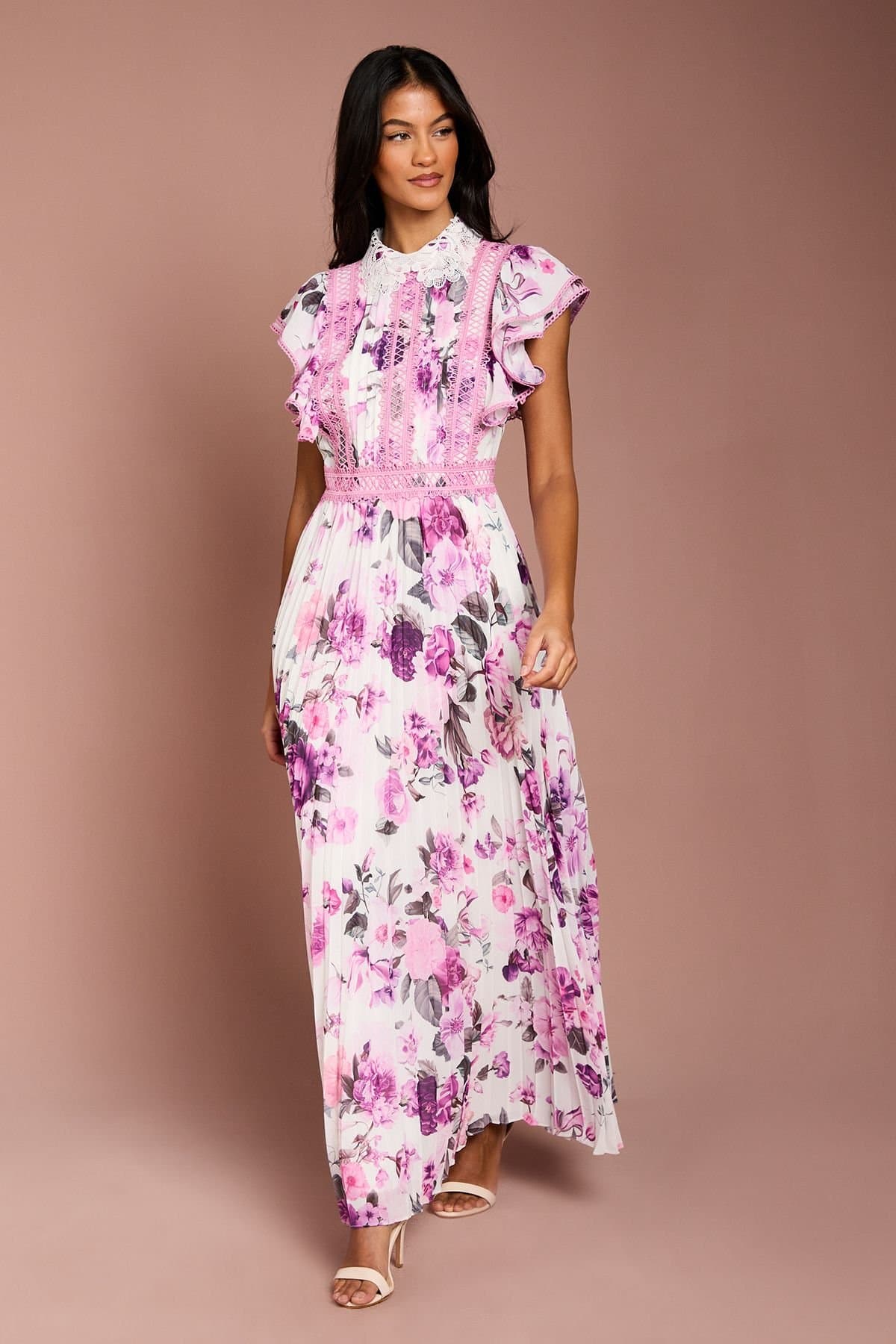 Coast Coast Women's Petite Frill Sleeve Contrast Collar Pleat Skirt Maxi Dress in Ivory