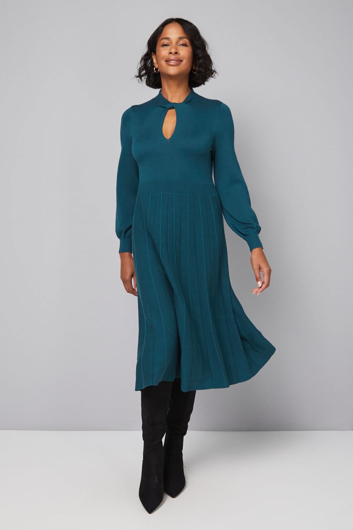 Wallis Wallis Women's Petite Twist Neck Keyhole Pleated Dress in Teal