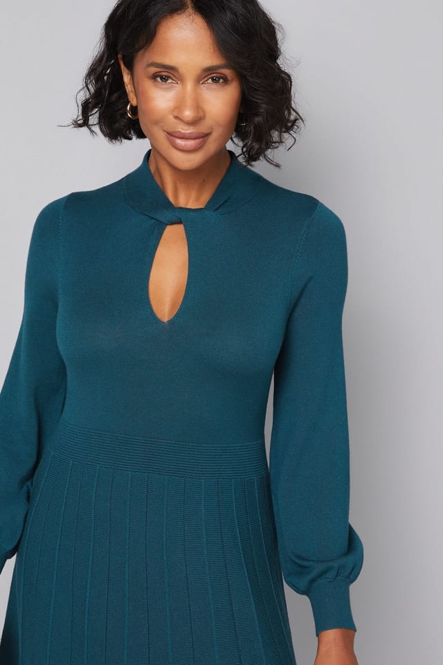 Wallis Wallis Women's Petite Twist Neck Keyhole Pleated Dress in Teal - 2
