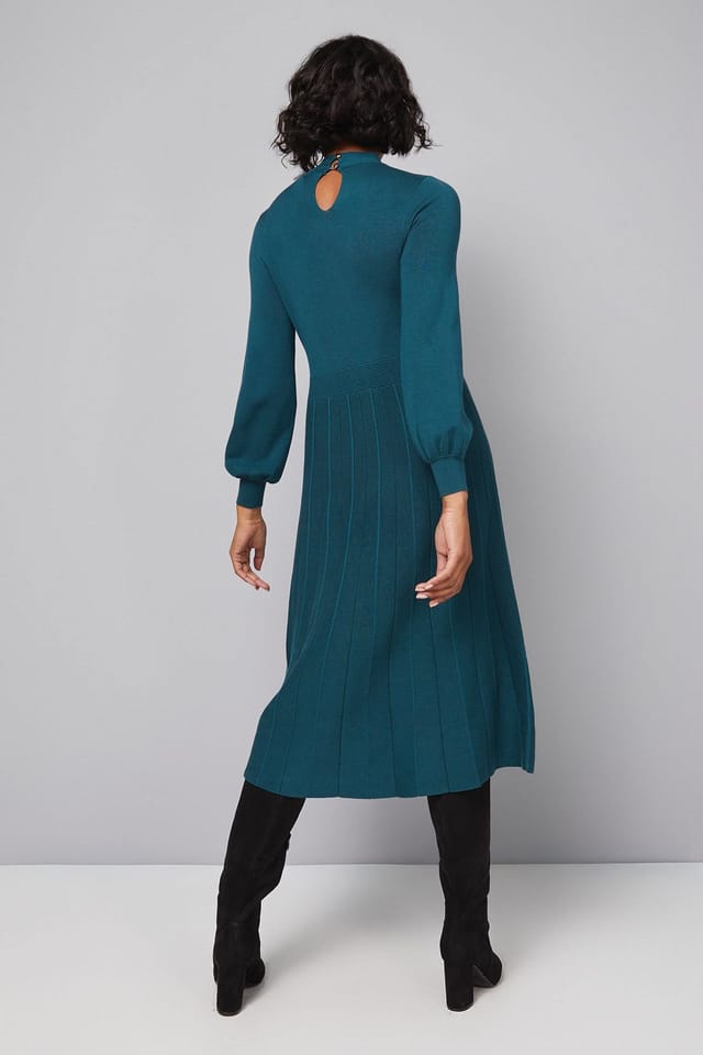 Wallis Wallis Women's Petite Twist Neck Keyhole Pleated Dress in Teal - 3