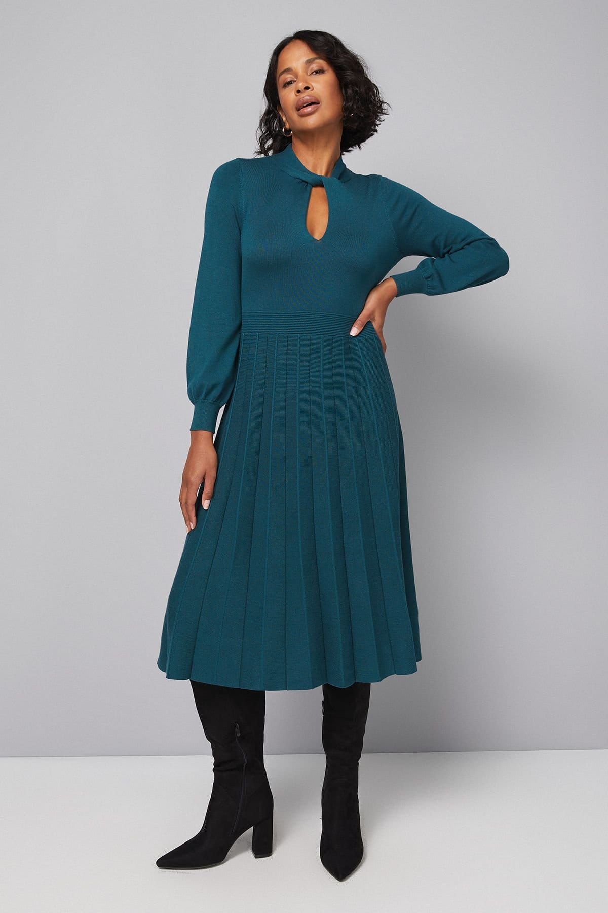 Wallis Wallis Women's Petite Twist Neck Keyhole Pleated Dress in Teal - 4