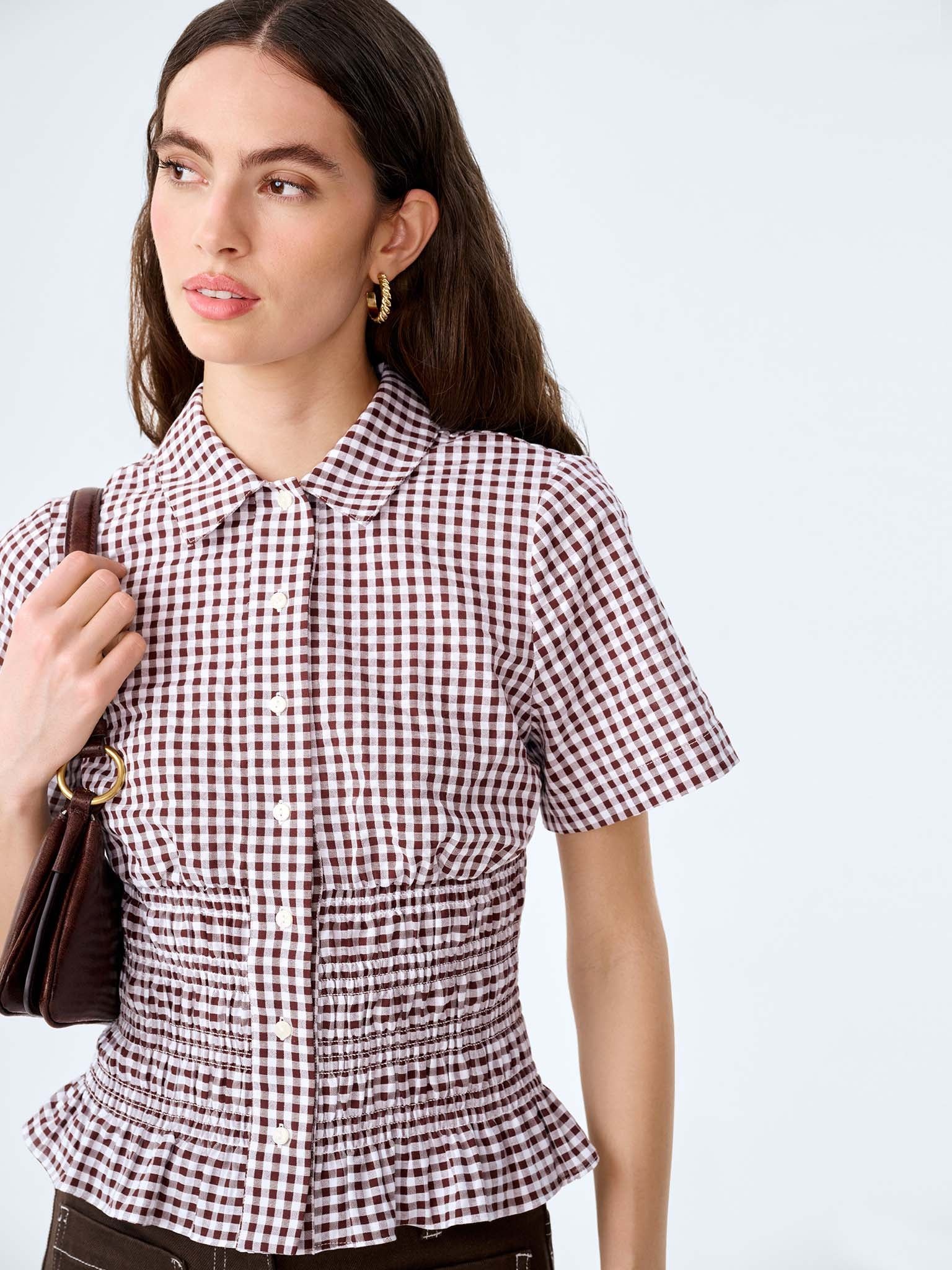 OMNES Merida Blouse in Chocolate/Cream Gingham - 4