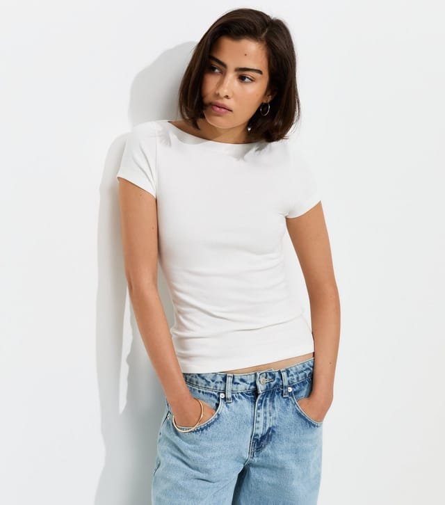 New Look Women's Off White Cotton Rich Slash Neck T-Shirt New Look - 2