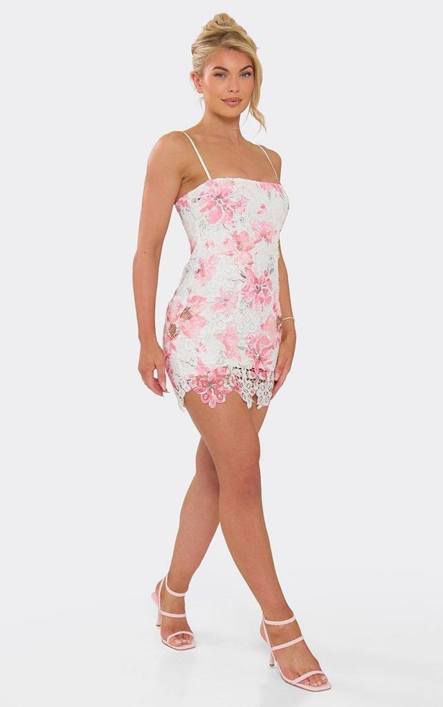 EGO Strappy Mini Dress In Pink Textured Floral Print, Women's Size UK 6 - 2