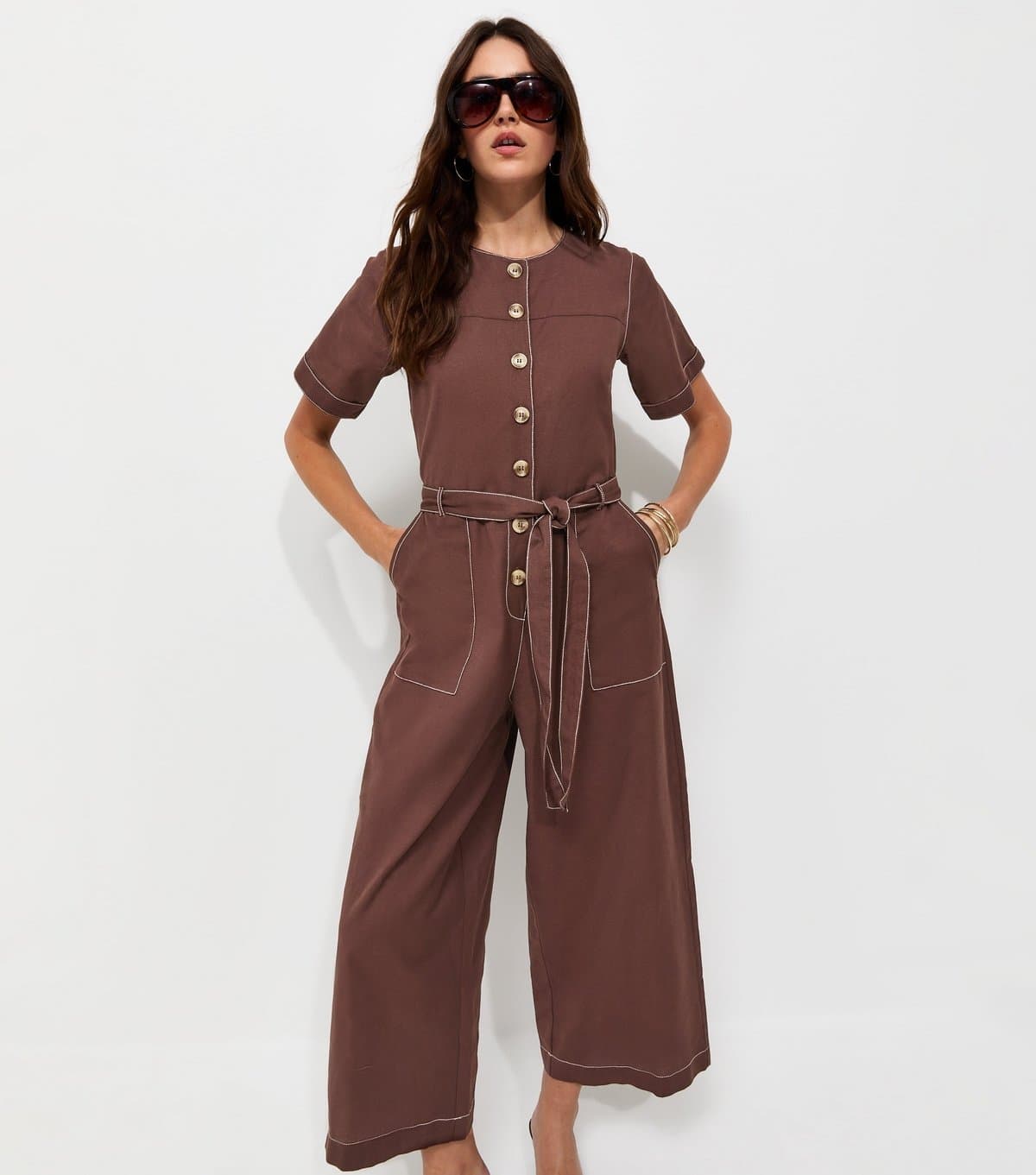 New Look Women's Dark Brown Cotton Rich Cropped Wide Leg Jumpsuit New Look