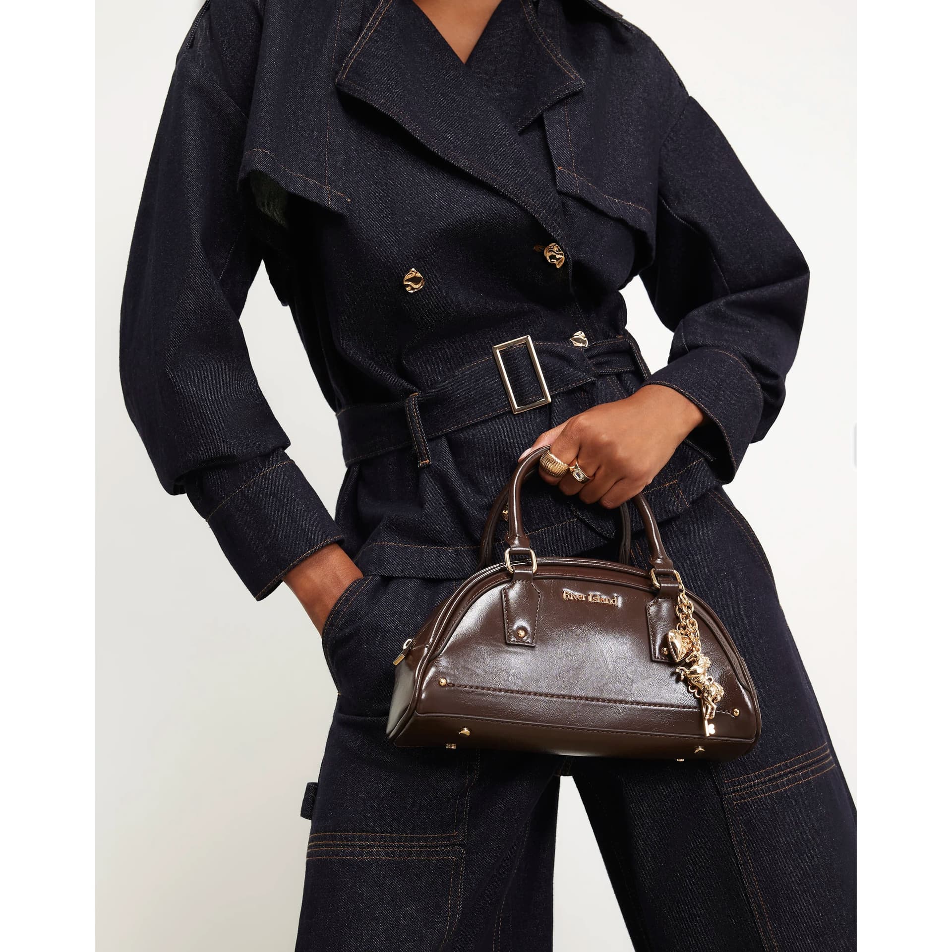 River Island River Island Womens Brown Curved Charm Bowler Bag