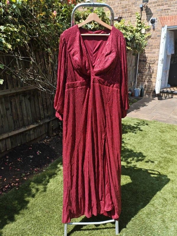 One Burgundy Sequin Maxi Dress | Deep V-Neck | Front Split | Evening Gown | Plus Size Formal Dress