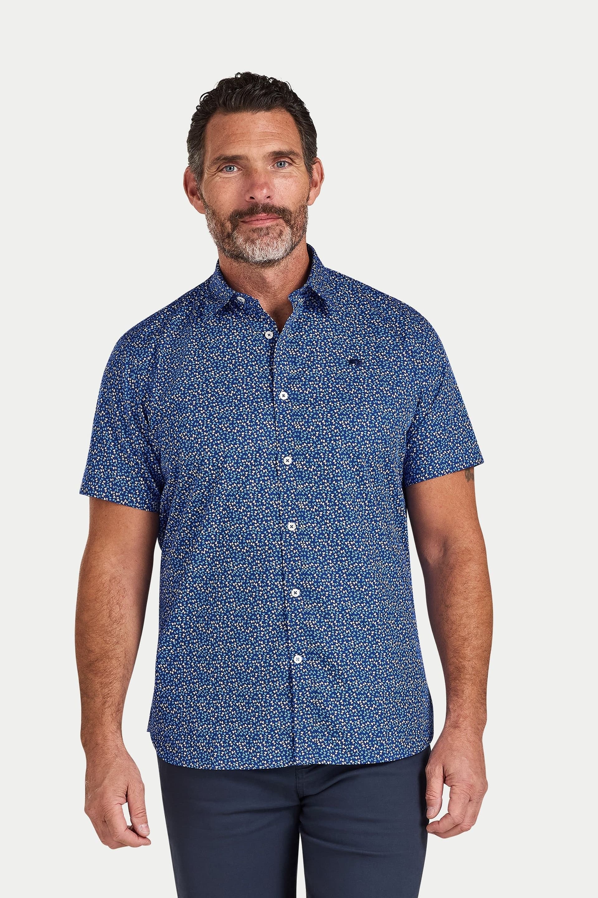 raging bull Raging Bull Men's Short Sleeve Flower Bud Cotton Poplin Shirt in Navy