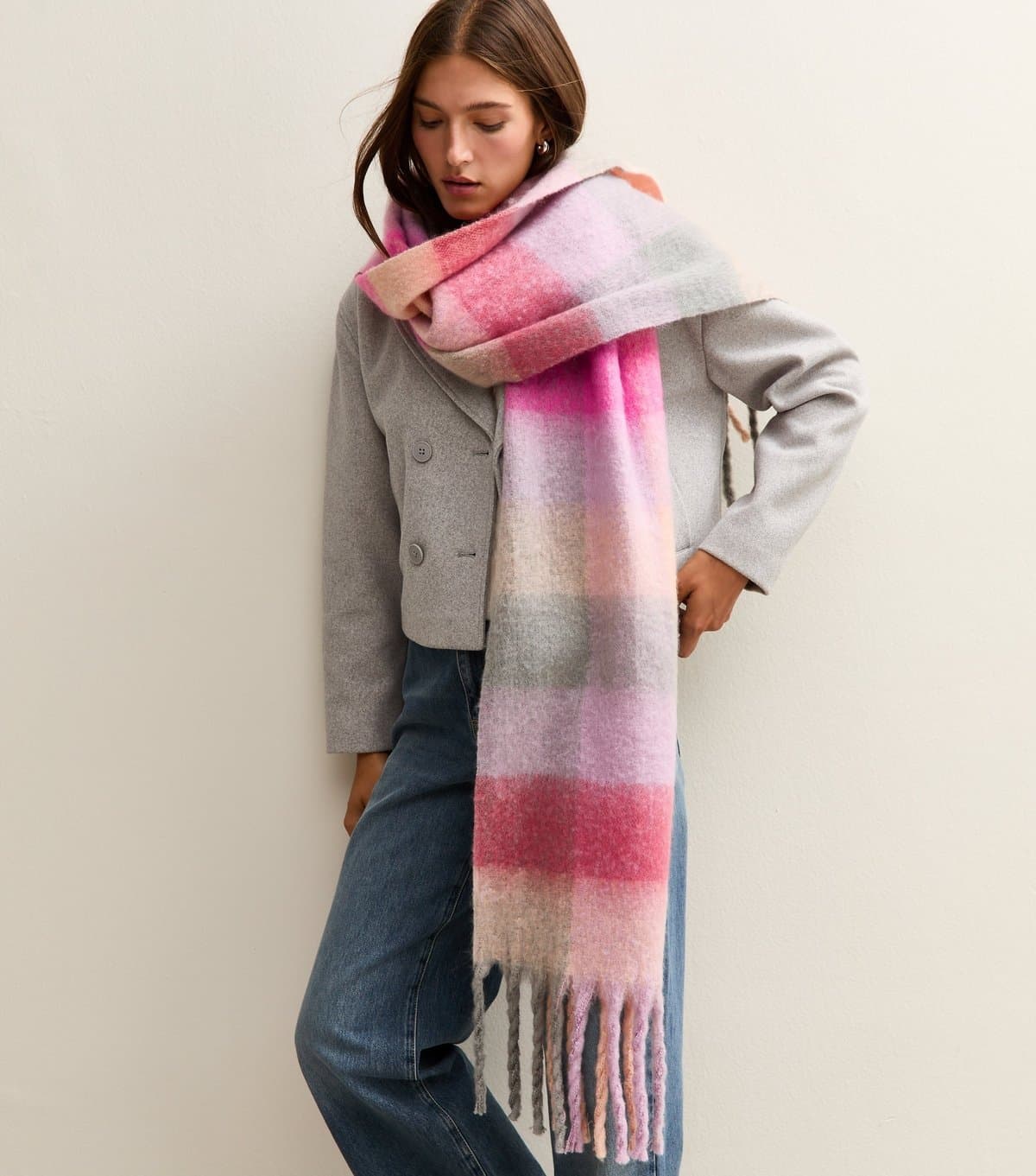 New Look New Look Pink Multi Check Fringe Trim Scarf
