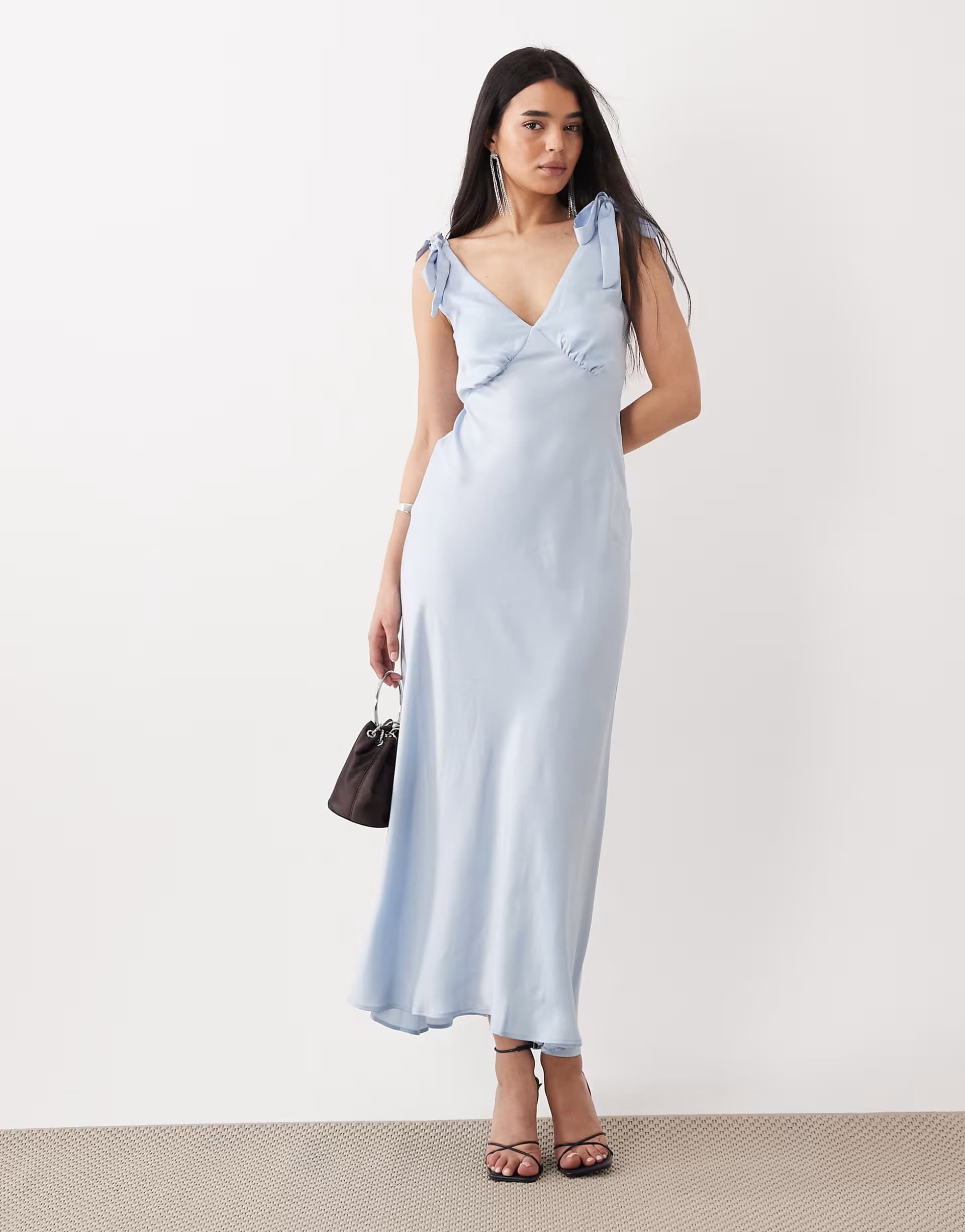 ASOS New Look tie shoulder satin midi dress in light blue