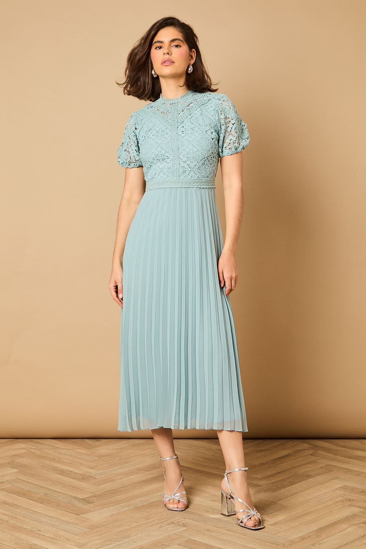 Oasis Oasis Women's Lace Puff Sleeve Pleated Midi Dress in Light Blue
