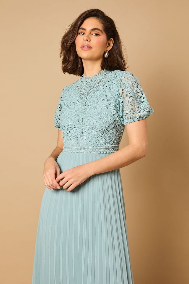 Oasis Oasis Women's Lace Puff Sleeve Pleated Midi Dress in Light Blue - 2