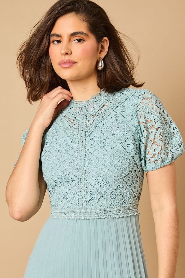 Oasis Oasis Women's Lace Puff Sleeve Pleated Midi Dress in Light Blue - 3