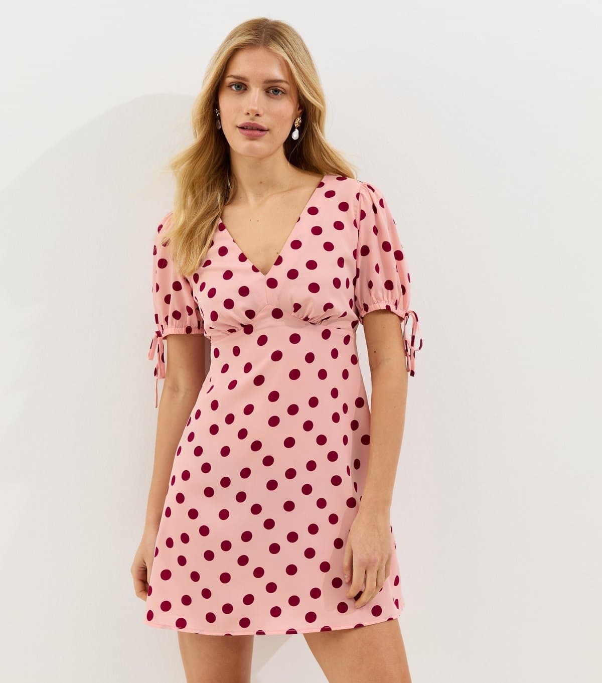 New Look Women's Pink Crepe Polka Dot Tie Sleeve Mini Dress New Look