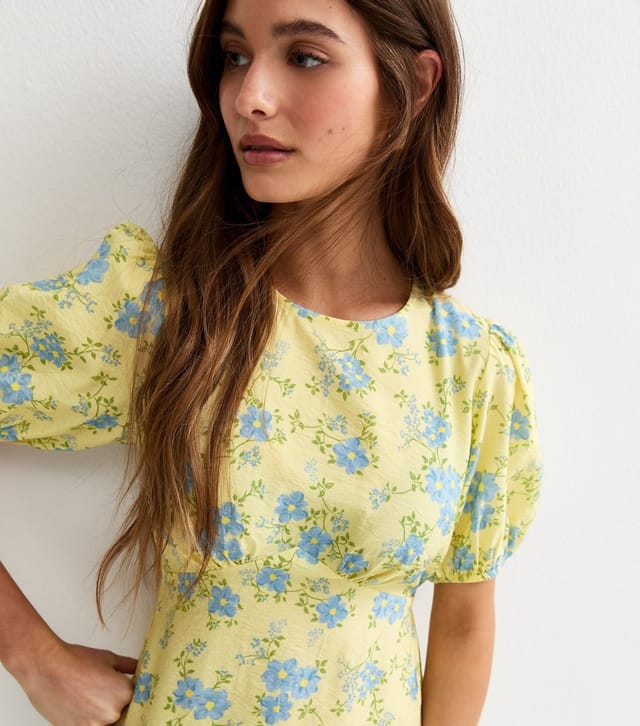 New Look Women's Light Yellow Floral Pattern Crew Neck Midi Dress New Look - 2