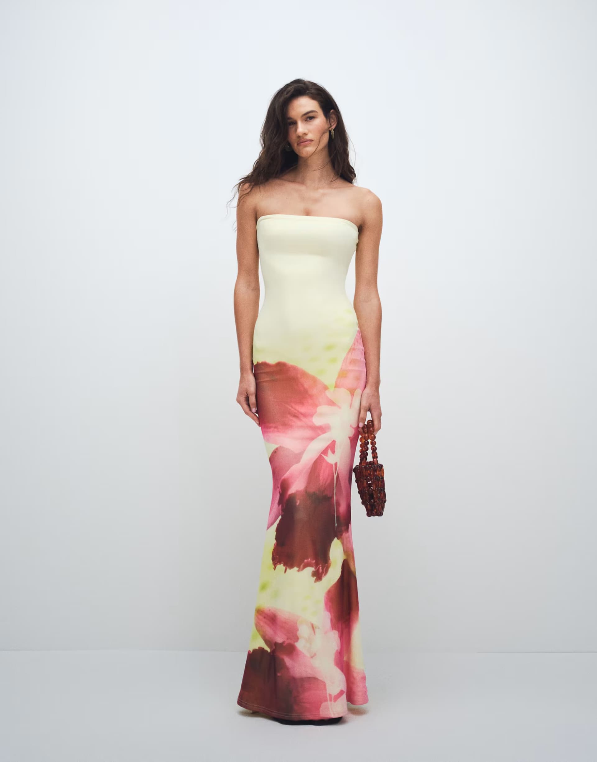 ASOS Murci mesh bandeau fishtail maxi dress in lemon and pink flower print