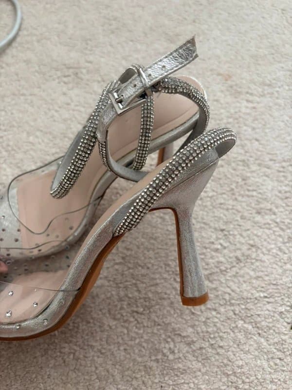 Quiz Quiz clear diamanté crystal detail silver pointed ankle strap heels